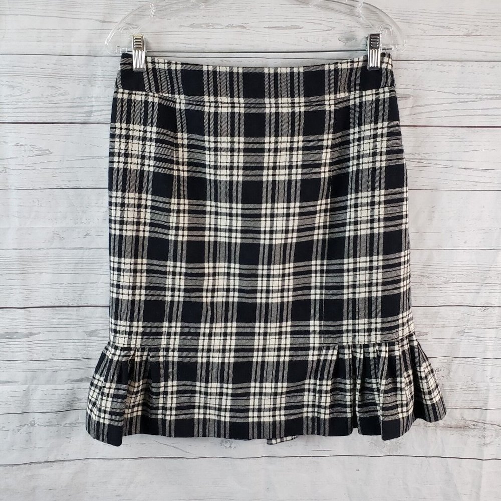 Brooks Brothers Womens Skirt Sz 8 Black Plaid Wool Ruffle Hem Lined
